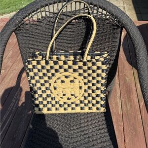 Tory Burch Black and Natural Woven Logo Tote